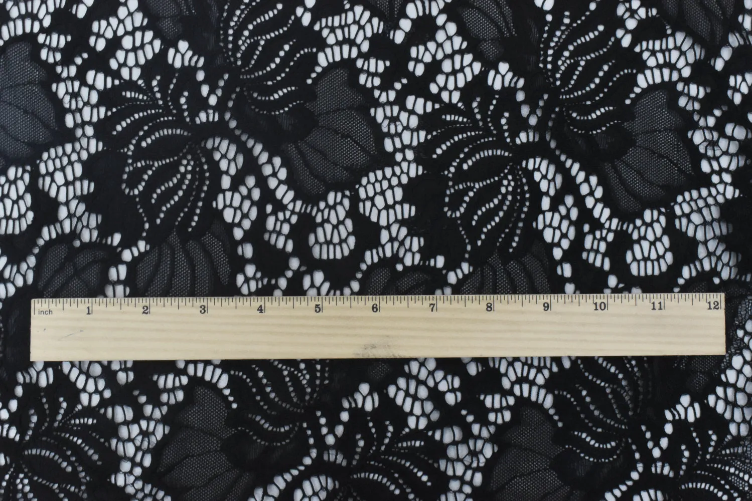 1 3/8 YD PC-Romance Black Floral Stretch Nylon Lace Knit Fabric