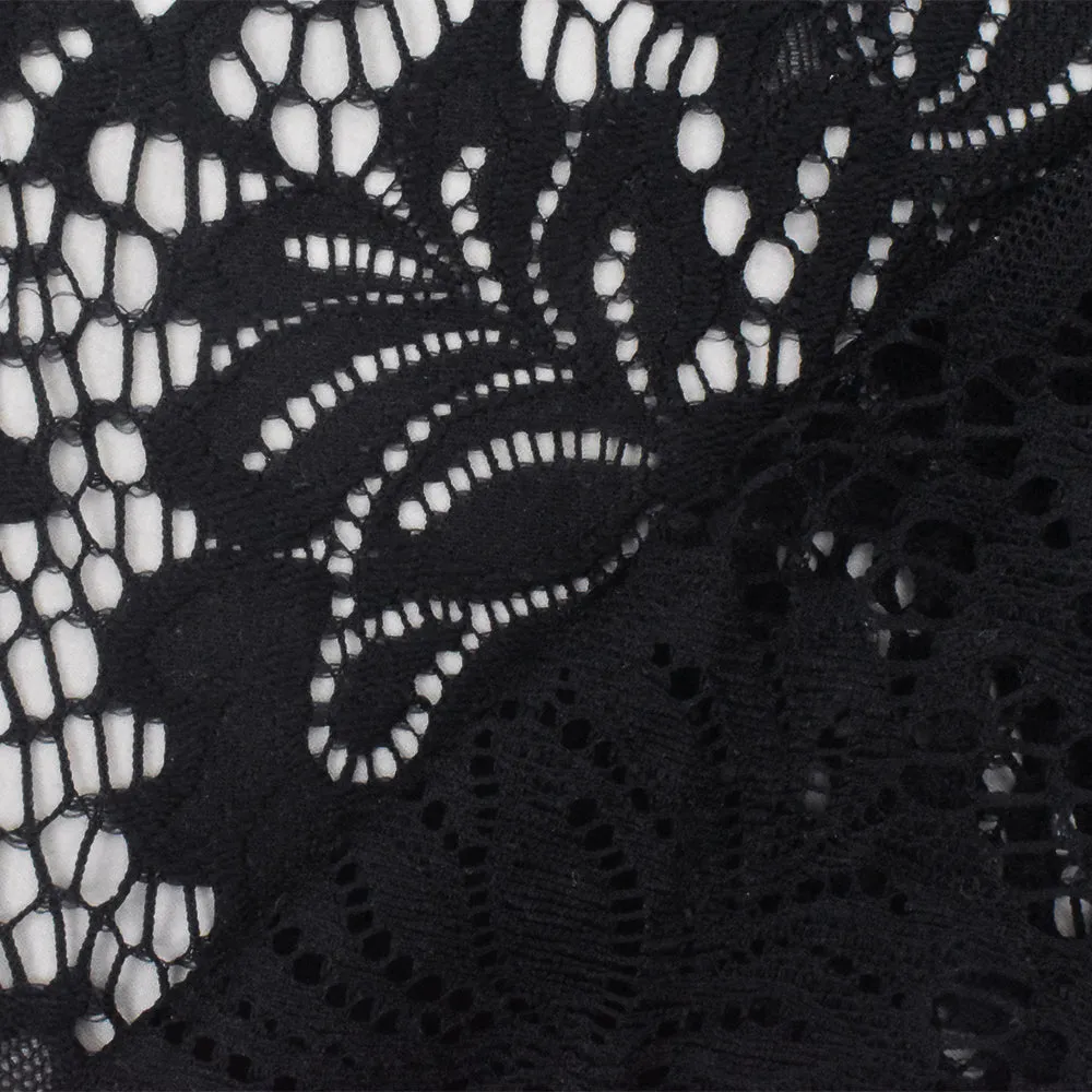 1 3/8 YD PC-Romance Black Floral Stretch Nylon Lace Knit Fabric