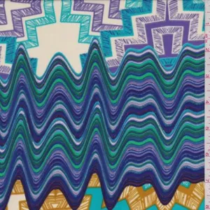 1 YD PC-Ecru/Turquoise/Purple Abstract Crepe de Chine Fabric