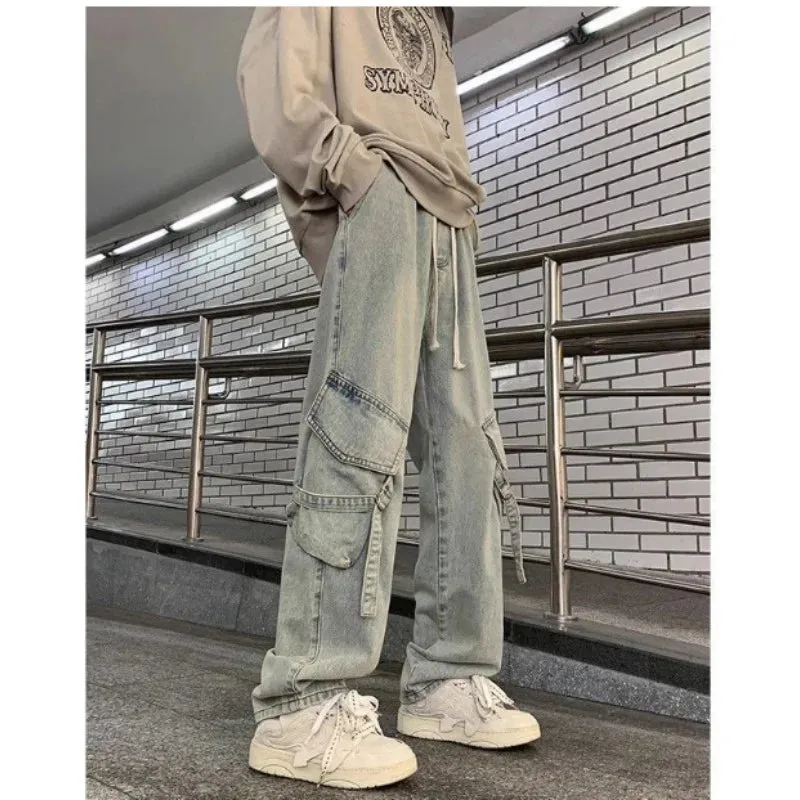 Autumn And Winter New Japanese Overalls Jeans Men And Women American Retro High Street Micro-la Washed Wide-leg Straight Pants