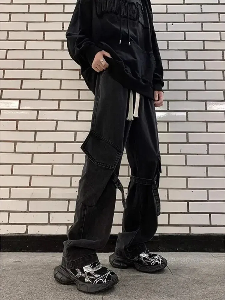 Autumn And Winter New Japanese Overalls Jeans Men And Women American Retro High Street Micro-la Washed Wide-leg Straight Pants