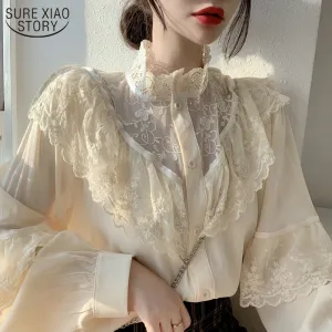 Autumn Korean Sweet Loose Clothes Lace Up Ruffled Women Blouses Fashion Stand Collat Ladies Tops Vintage Lace Shirts Women 11335