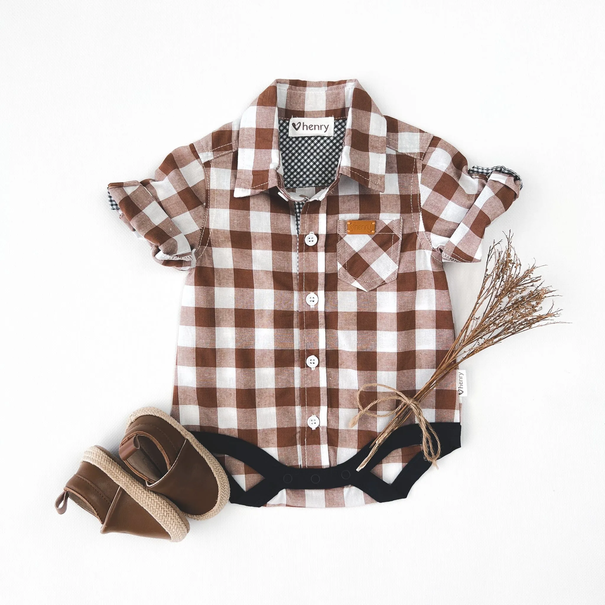 Baby Boys Dress Shirt Romper | Large Bronze Check