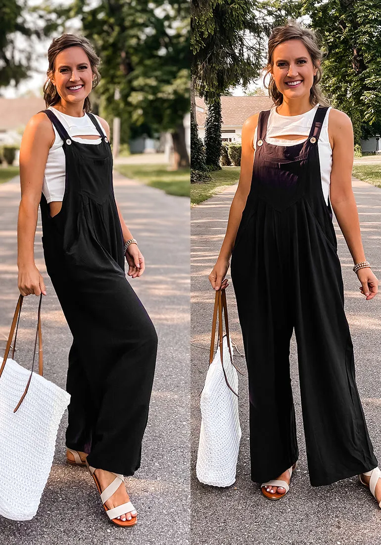 Black Women's Vintage Summer Outfits Loose Wide Leg Overalls