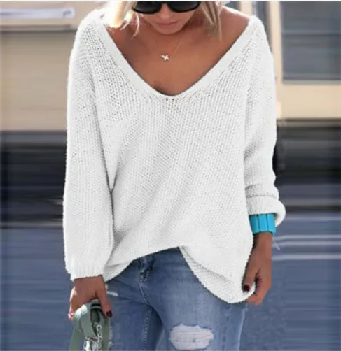 Clearance V-neck Loose Knit Pure Color Pullover Sweater