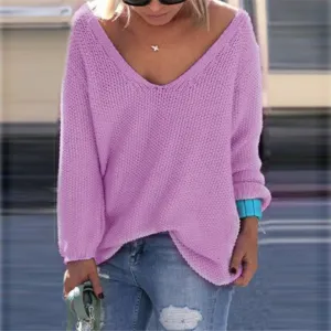 Clearance V-neck Loose Knit Pure Color Pullover Sweater