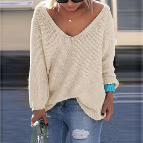 Clearance V-neck Loose Knit Pure Color Pullover Sweater