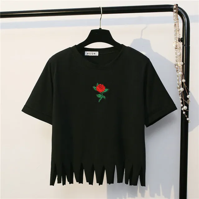 Cute Embroidered Rose Crop Top Shirt