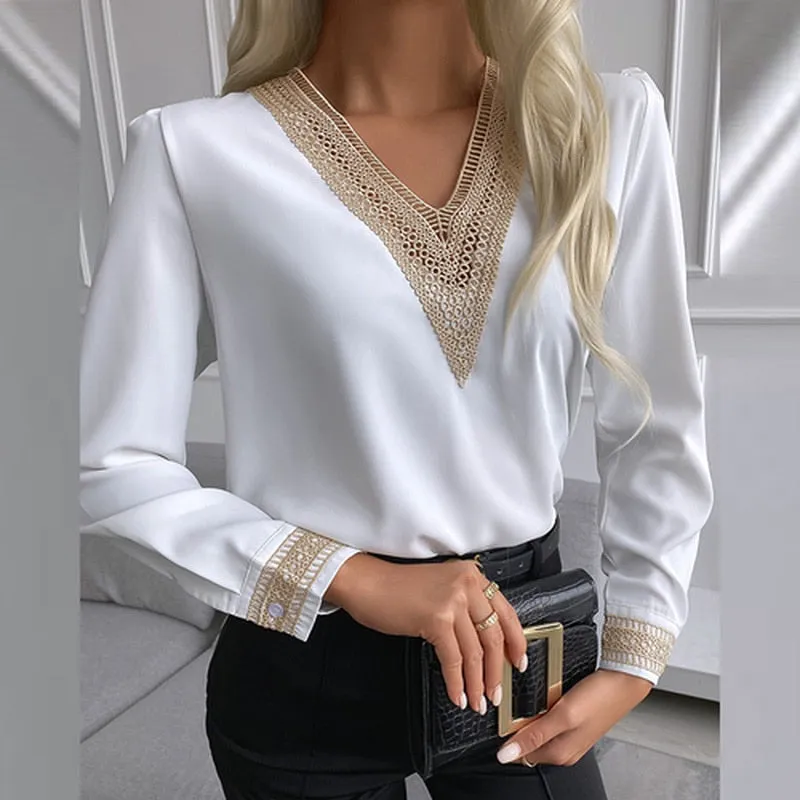 deanwangkt Autumn Lace Crochet Satin Silk Chiffon Shirt Women Long Sleeve Woman Blouses Tops V Neck Solid Embroidery Shirts Blusas 15777