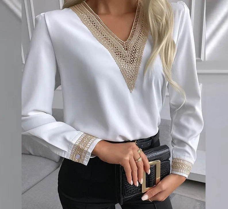 deanwangkt Autumn Lace Crochet Satin Silk Chiffon Shirt Women Long Sleeve Woman Blouses Tops V Neck Solid Embroidery Shirts Blusas 15777