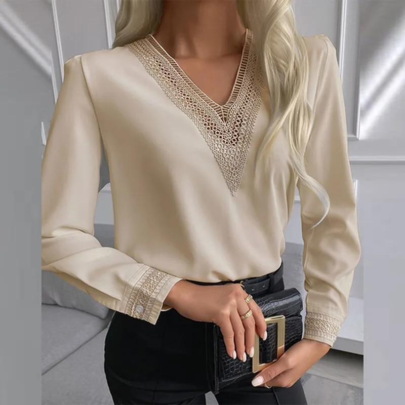 deanwangkt Autumn Lace Crochet Satin Silk Chiffon Shirt Women Long Sleeve Woman Blouses Tops V Neck Solid Embroidery Shirts Blusas 15777