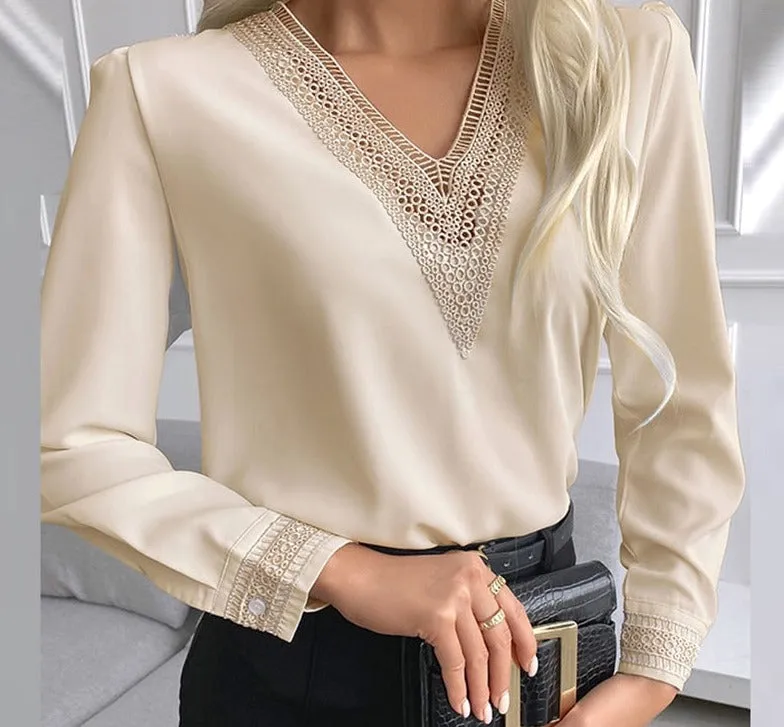 deanwangkt Autumn Lace Crochet Satin Silk Chiffon Shirt Women Long Sleeve Woman Blouses Tops V Neck Solid Embroidery Shirts Blusas 15777