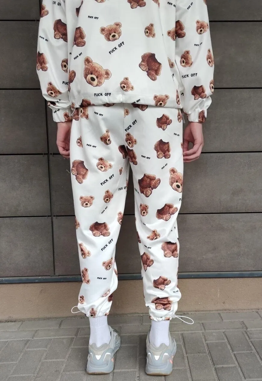 Decapitated teddy beam joggers handmade bear overalls white