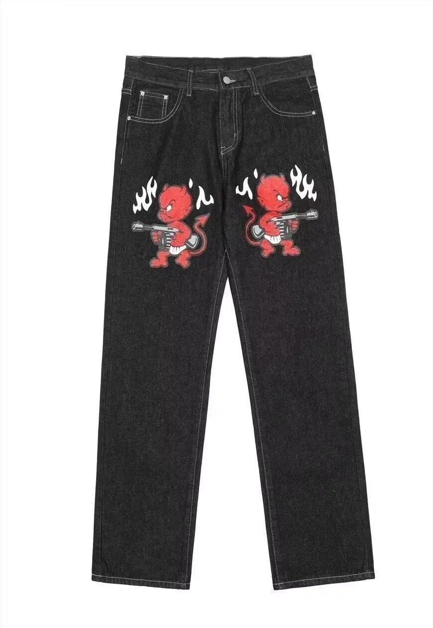 Devil print denim overalls graffiti Halloween jeans in black