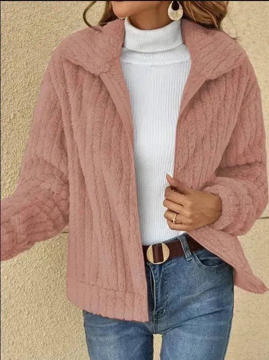 Fall Winter Casual Women Thick Fleece sherpa  Lapel  Cardigan sweater Jacket