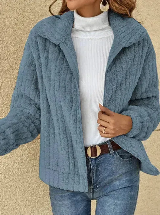 Fall Winter Casual Women Thick Fleece sherpa  Lapel  Cardigan sweater Jacket