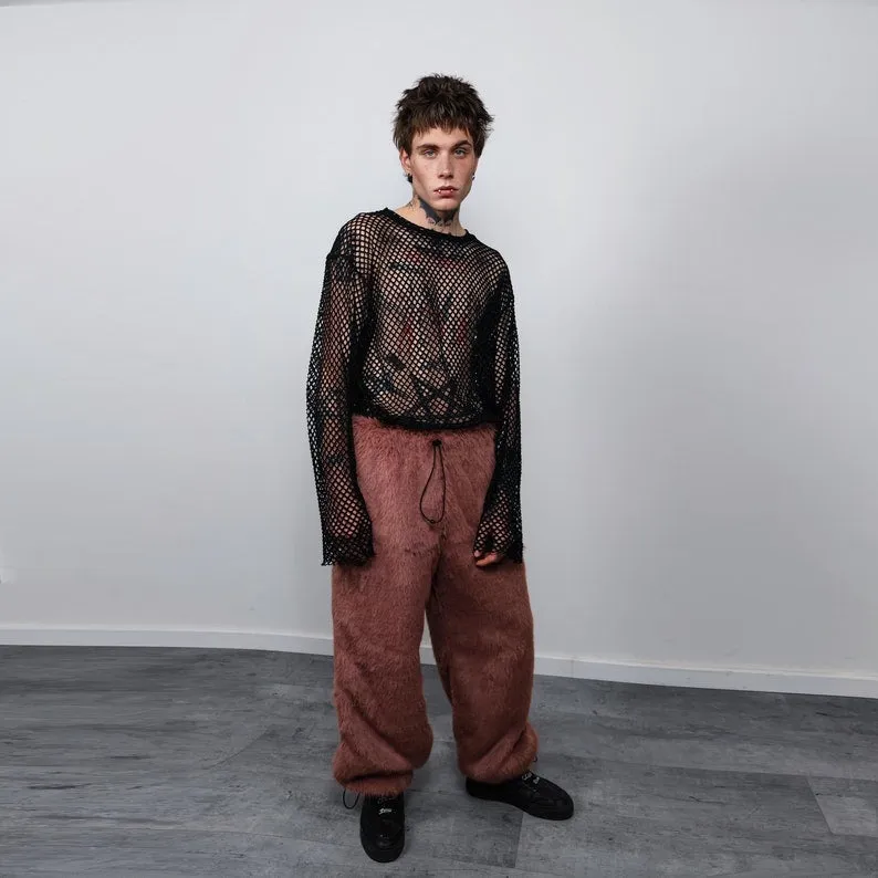 Faux fur joggers luxury fluffy pants handmade fleece trousers long hair premium overalls in brown