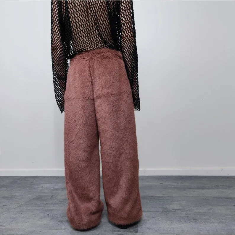 Faux fur joggers luxury fluffy pants handmade fleece trousers long hair premium overalls in brown