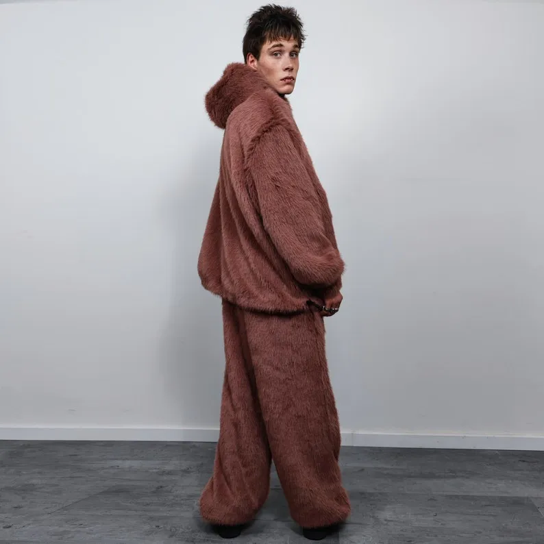 Faux fur joggers luxury fluffy pants handmade fleece trousers long hair premium overalls in brown