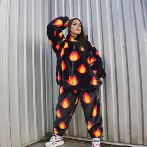 Flame fleece joggers luxury fluffy pants handmade thunder print trousers long hair premium fire festival overalls in black