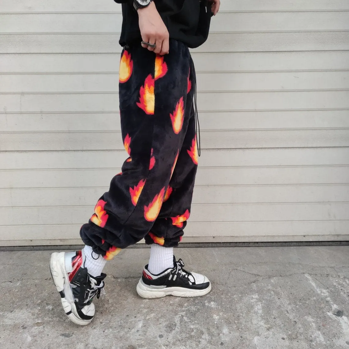 Flame fleece joggers luxury fluffy pants handmade thunder print trousers long hair premium fire festival overalls in black