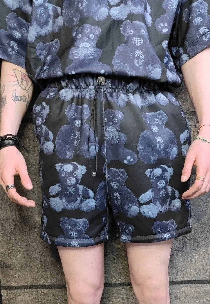 Goth bear print shorts handmade animal overalls blue black