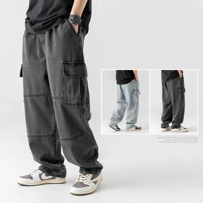 Jinquedai fall fits men American Retro Hip Hop Street Washed Profile Jeans Loose Casual Wide Leg Overalls Fashionable Ins