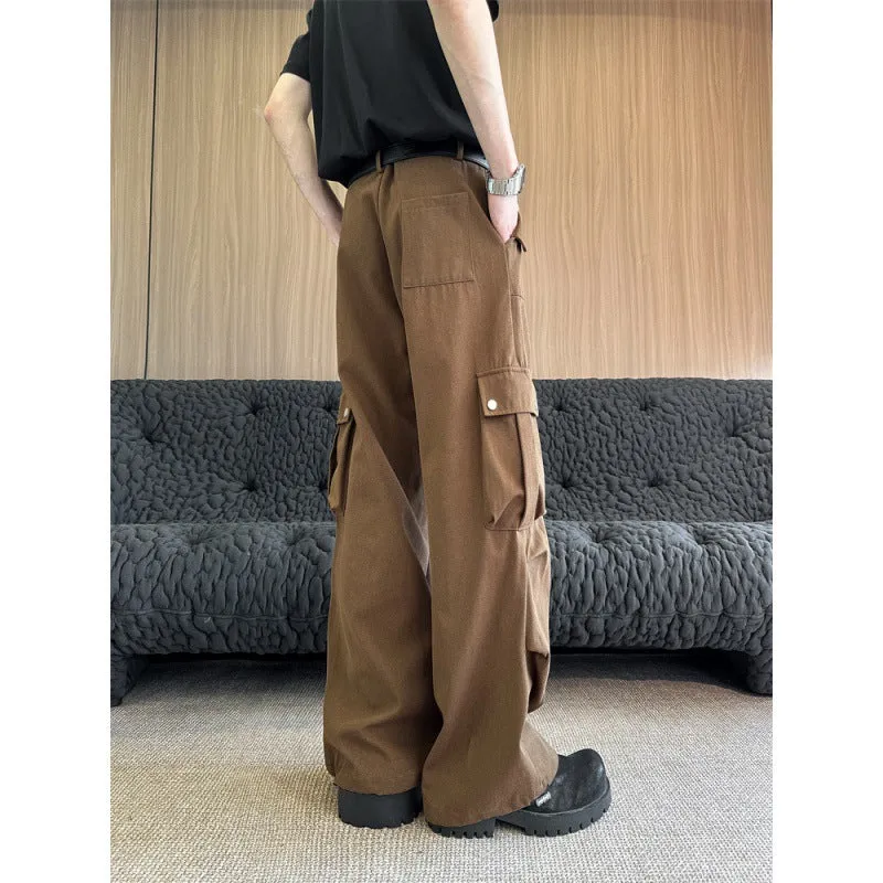 Jinquedai grunge outfits Wenlimei Retro Brown Overalls Men's Autumn Multi-Pocket Wide-Leg Casual Pants Outdoor Versatile Sports