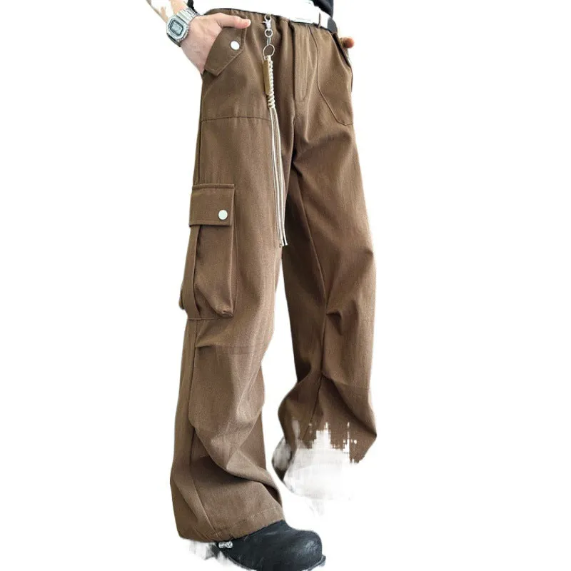 Jinquedai grunge outfits Wenlimei Retro Brown Overalls Men's Autumn Multi-Pocket Wide-Leg Casual Pants Outdoor Versatile Sports