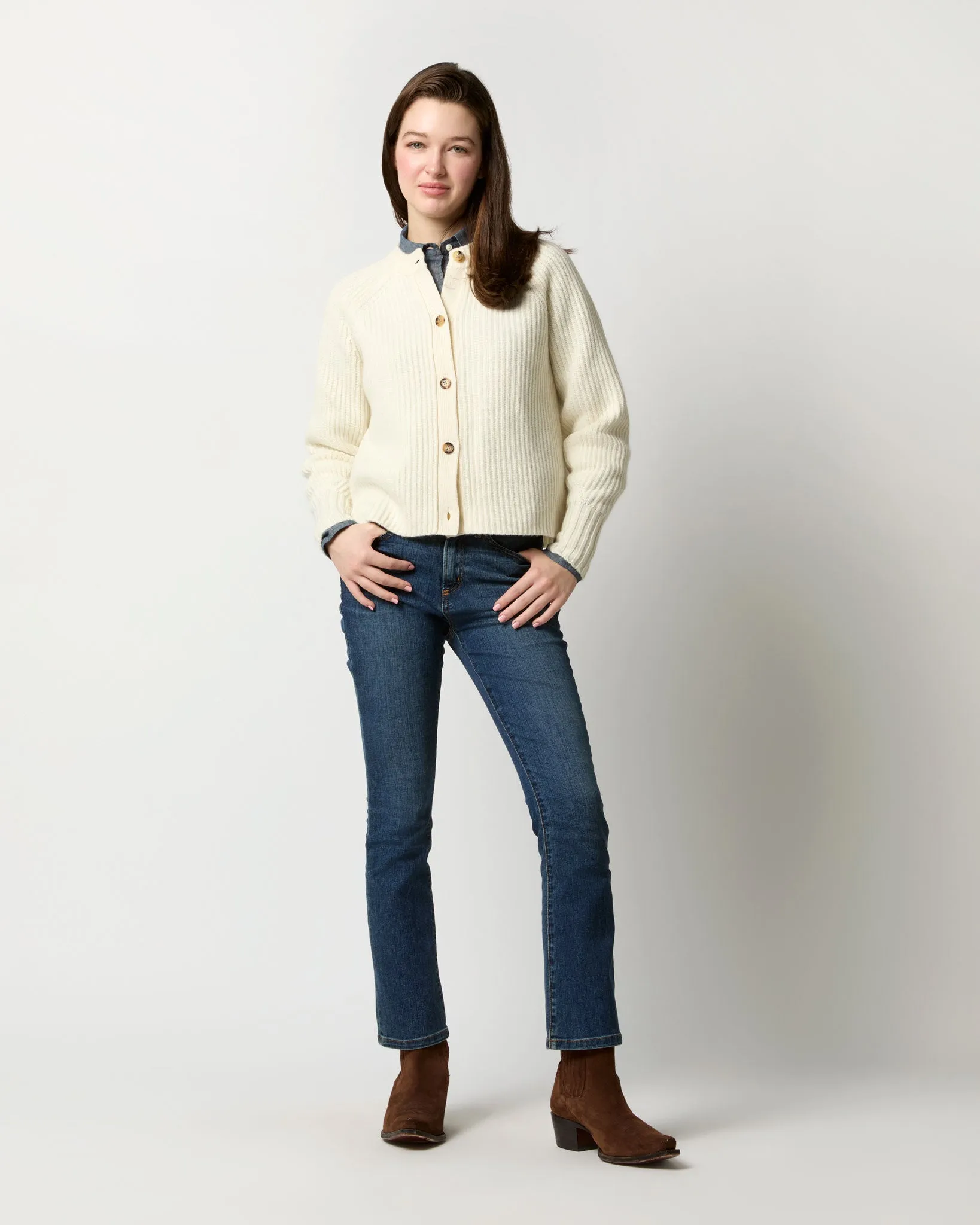 Lexie Shaker-Stitch Cardigan in Ivory Cashmere