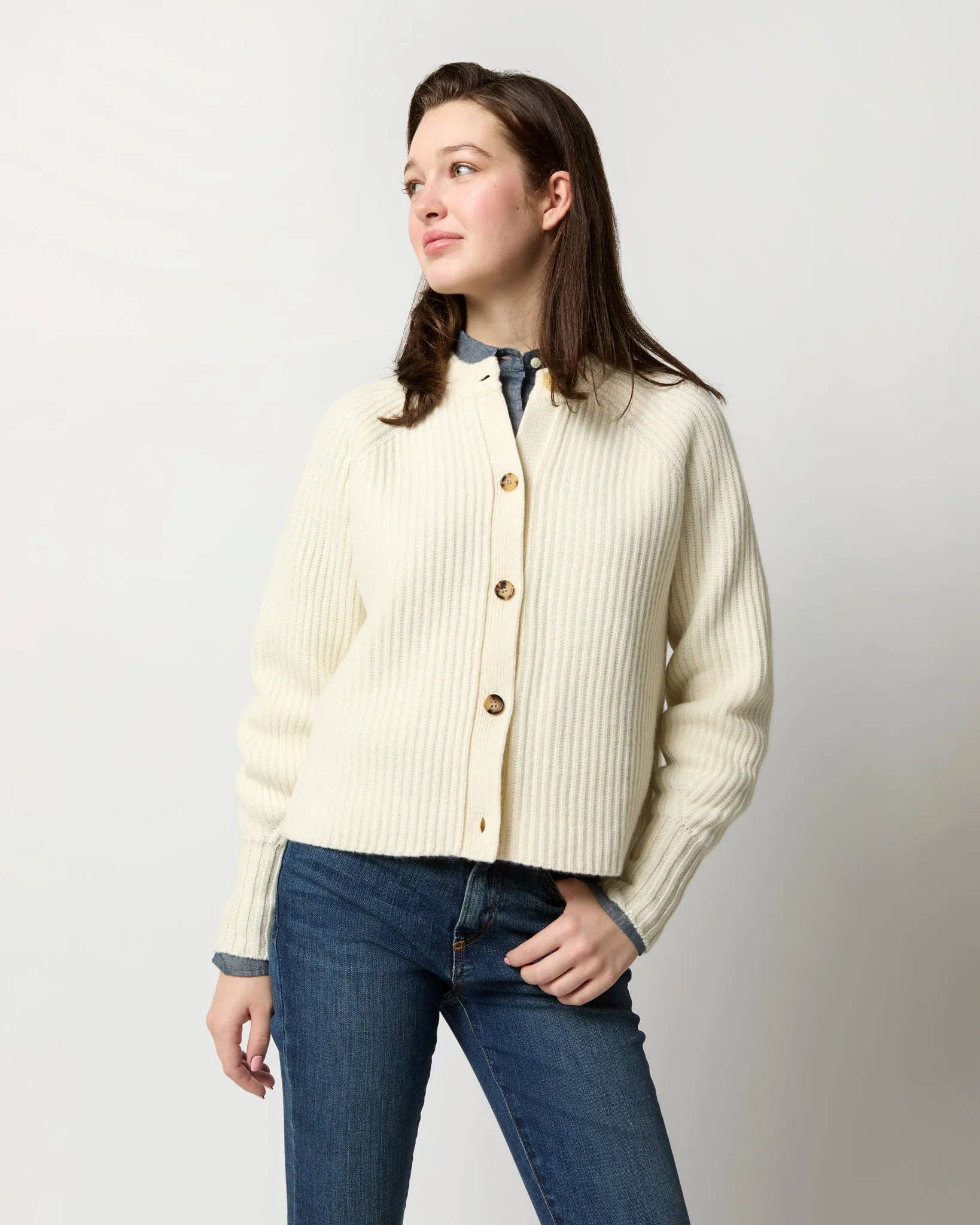 Lexie Shaker-Stitch Cardigan in Ivory Cashmere