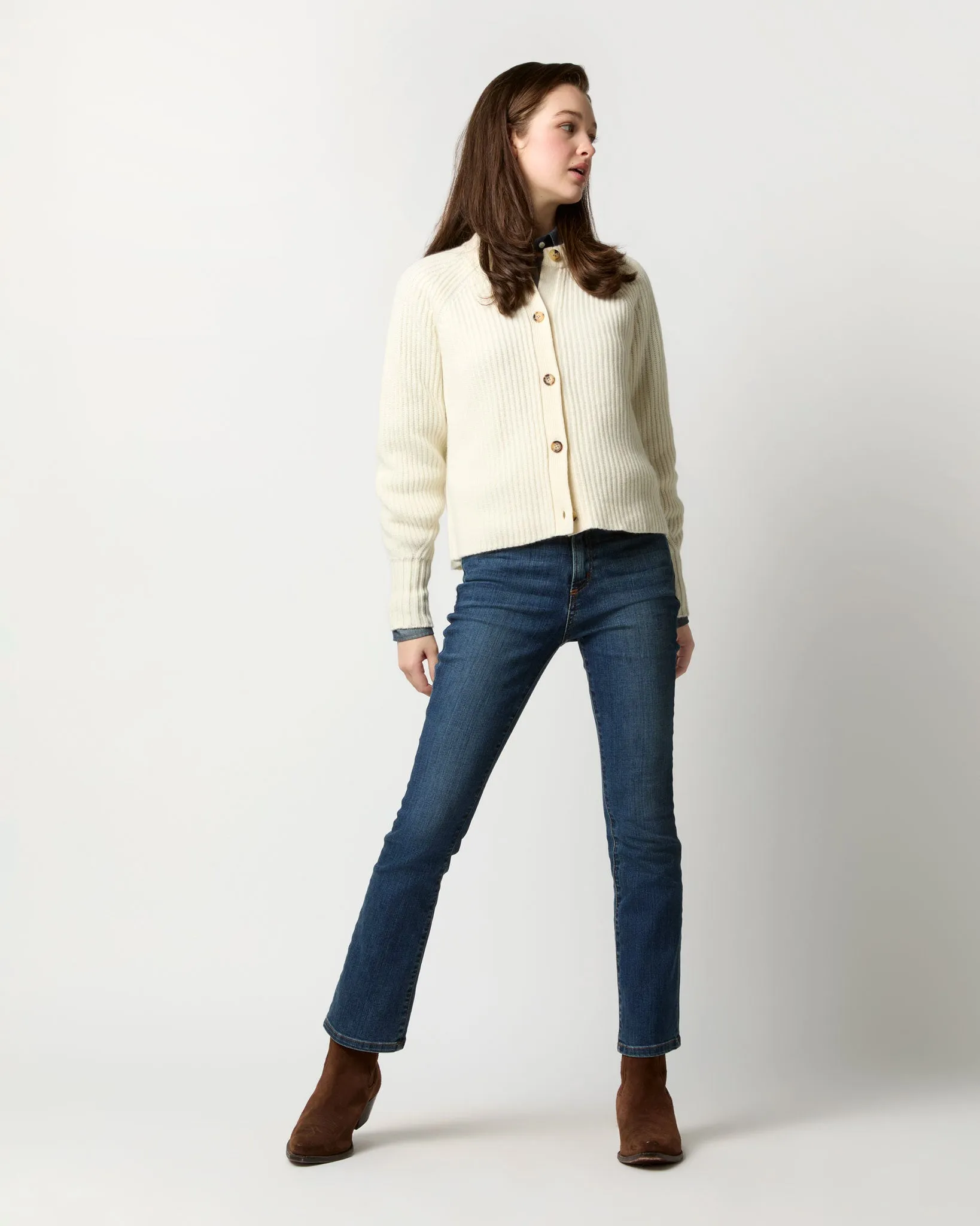 Lexie Shaker-Stitch Cardigan in Ivory Cashmere