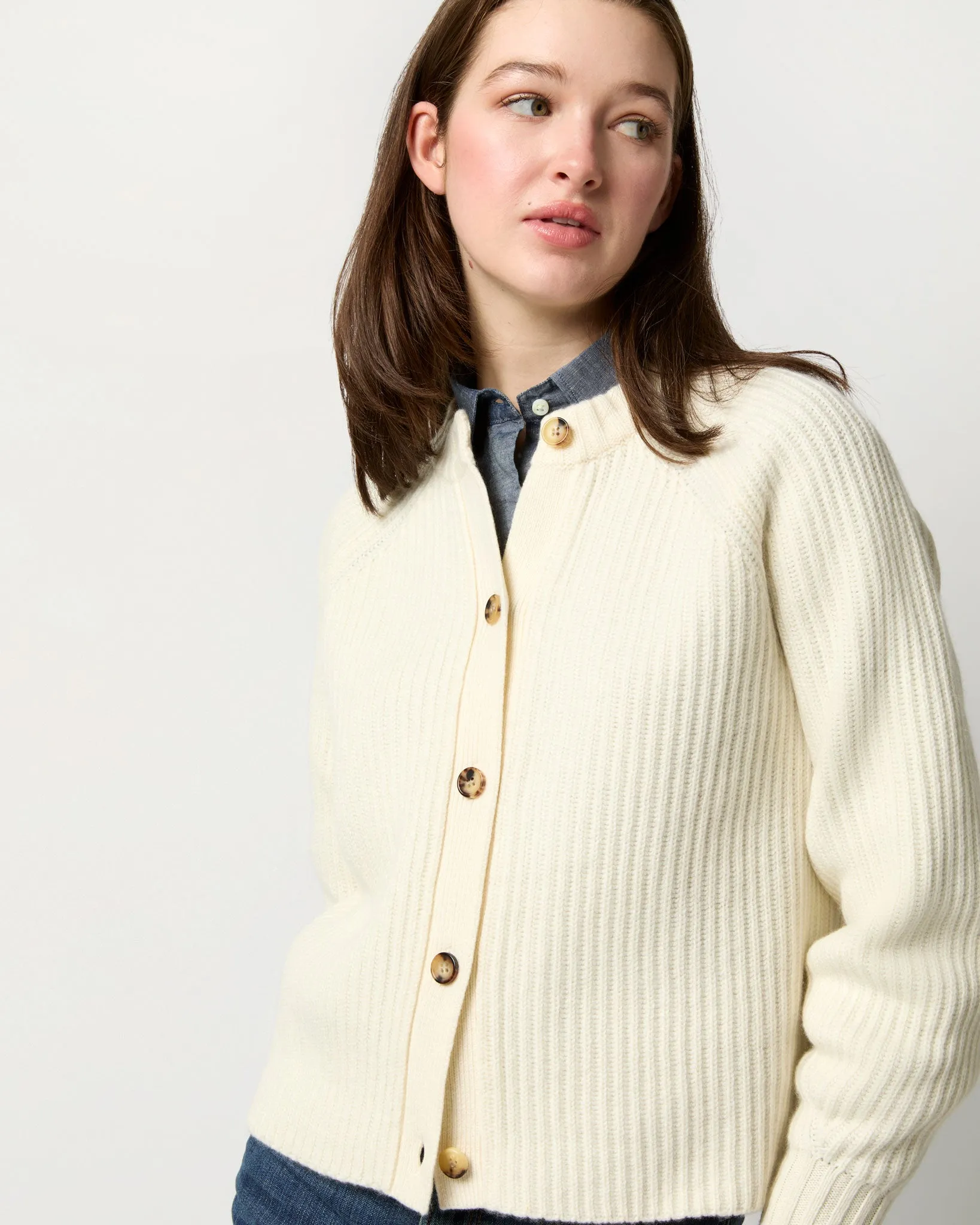 Lexie Shaker-Stitch Cardigan in Ivory Cashmere