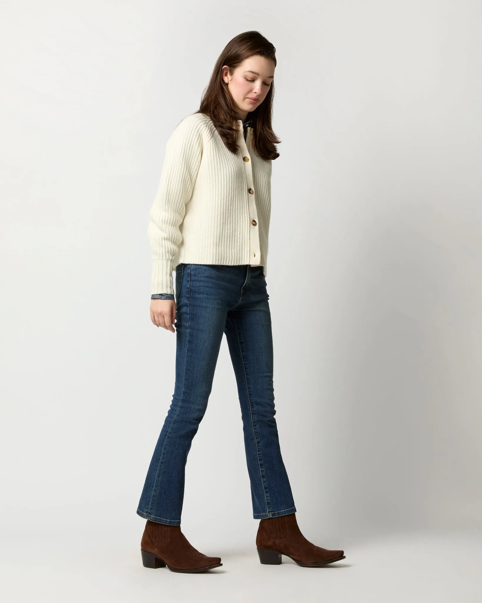 Lexie Shaker-Stitch Cardigan in Ivory Cashmere