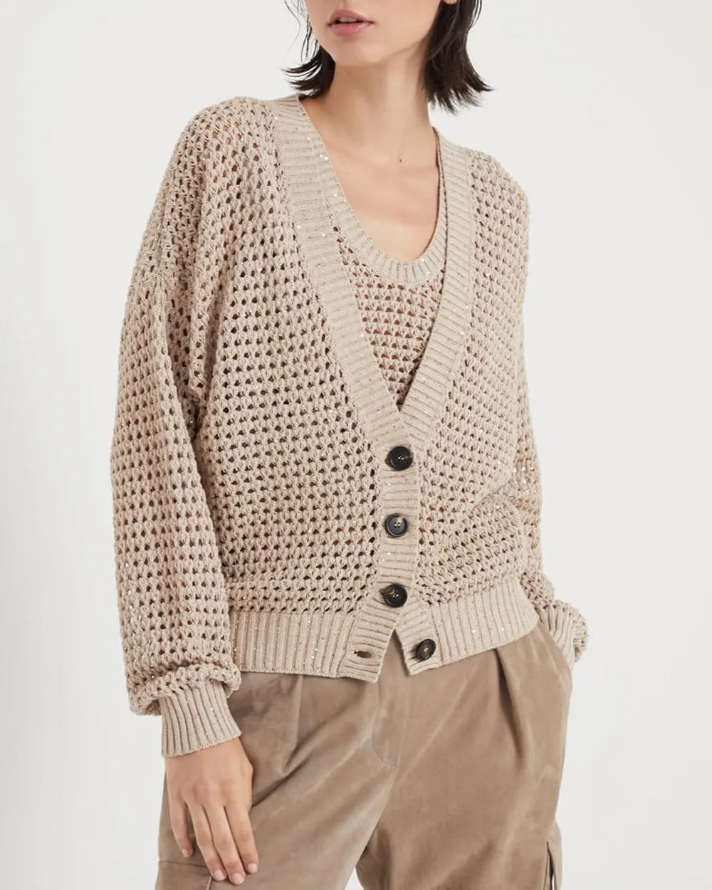 Light Brown Diamante Knit Cardigan