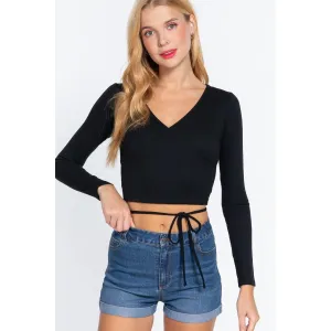 Long Slv Surplice Wrap Rib Knit Top