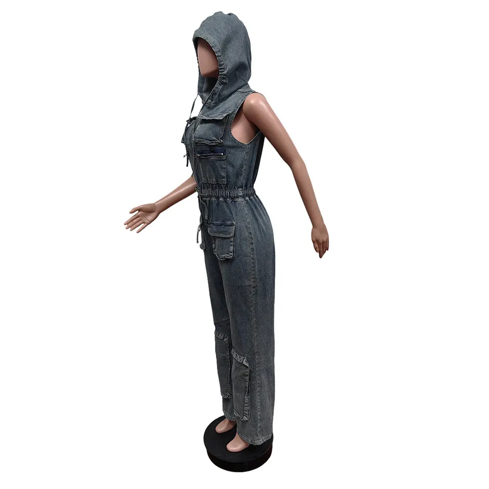 MALYBGG Women Drawstring Waist Multipocket Hooded Cargo Jumpsuit 88582LY