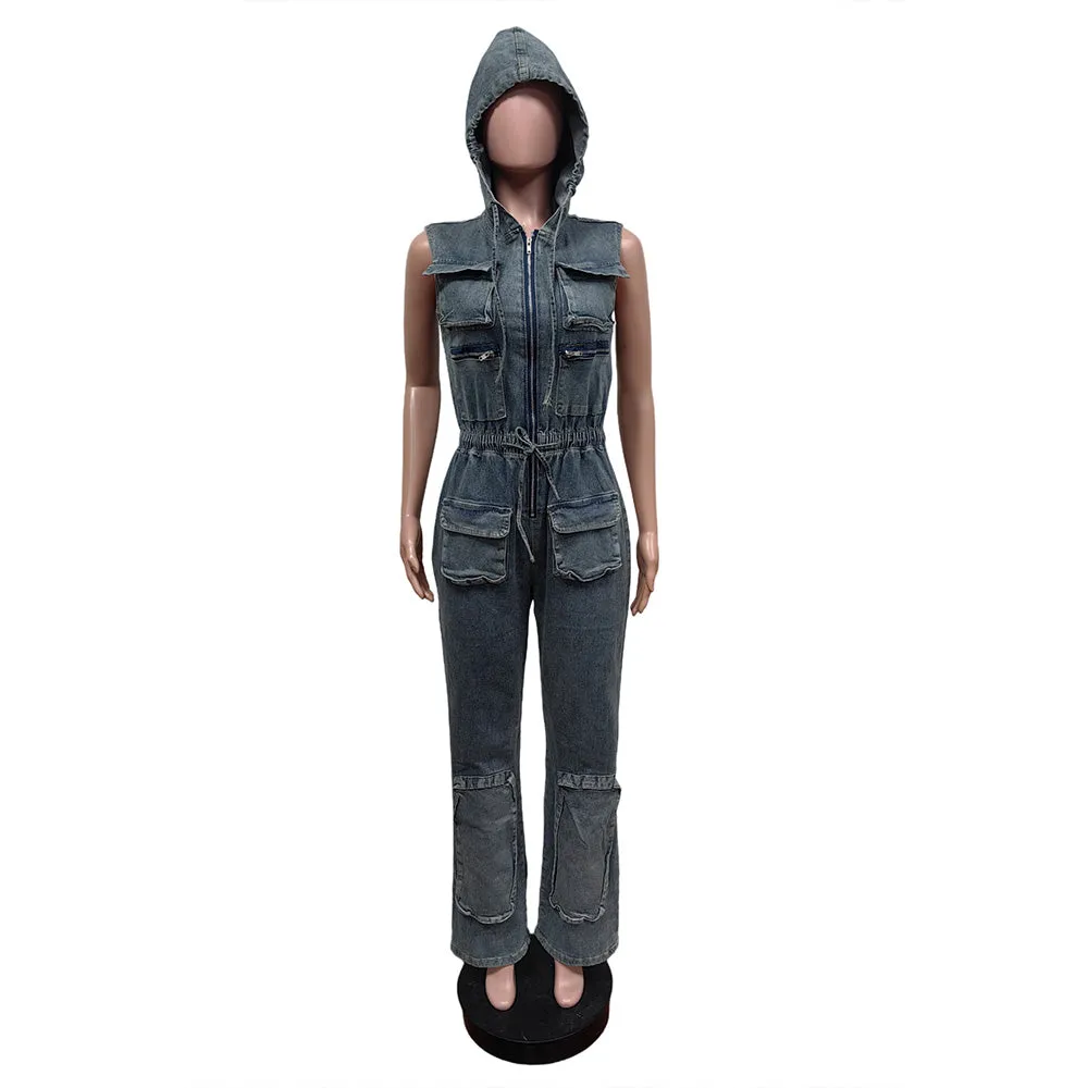 MALYBGG Women Drawstring Waist Multipocket Hooded Cargo Jumpsuit 88582LY