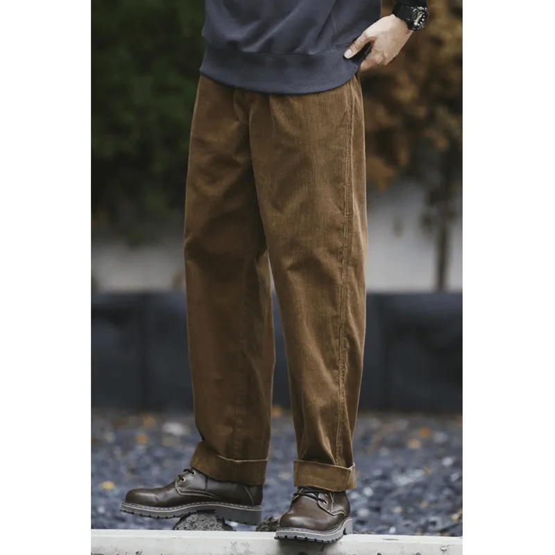 Mens Corduroy Pants Loose Straight Wide-Leg Pants Cotton Japanese-Style Retro Casual Pants Overalls