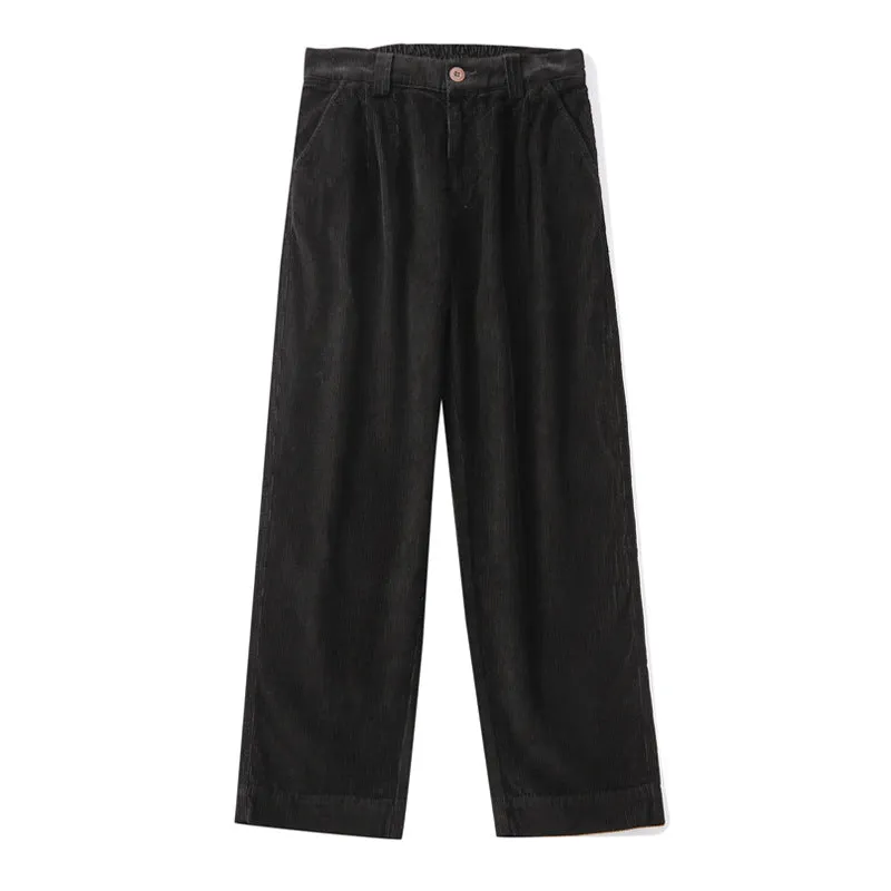 Mens Corduroy Pants Loose Straight Wide-Leg Pants Cotton Japanese-Style Retro Casual Pants Overalls