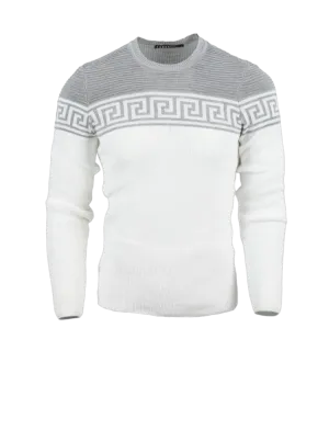 Men's White and Gray Crewneck Sweaters Greek Key style Light Blend Slim Fit