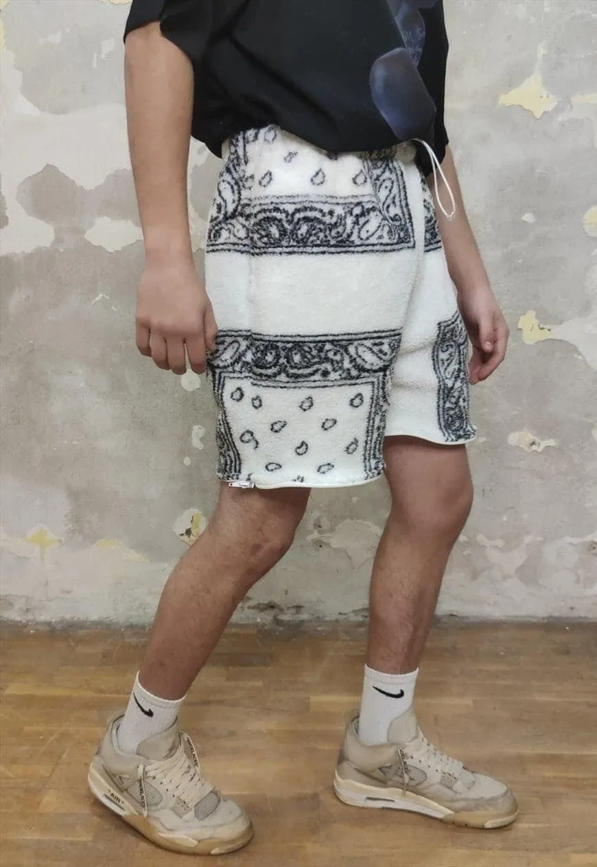 Paisley fleece shorts handmade bandanna cargo overalls white