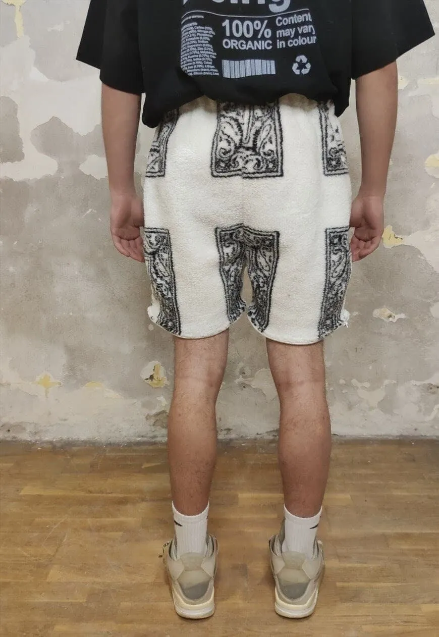 Paisley fleece shorts handmade bandanna cargo overalls white