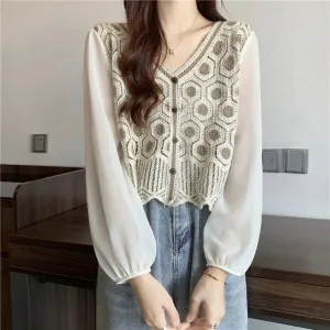 Patchwork Lace V Neck Pullover Soft Casual Blouse