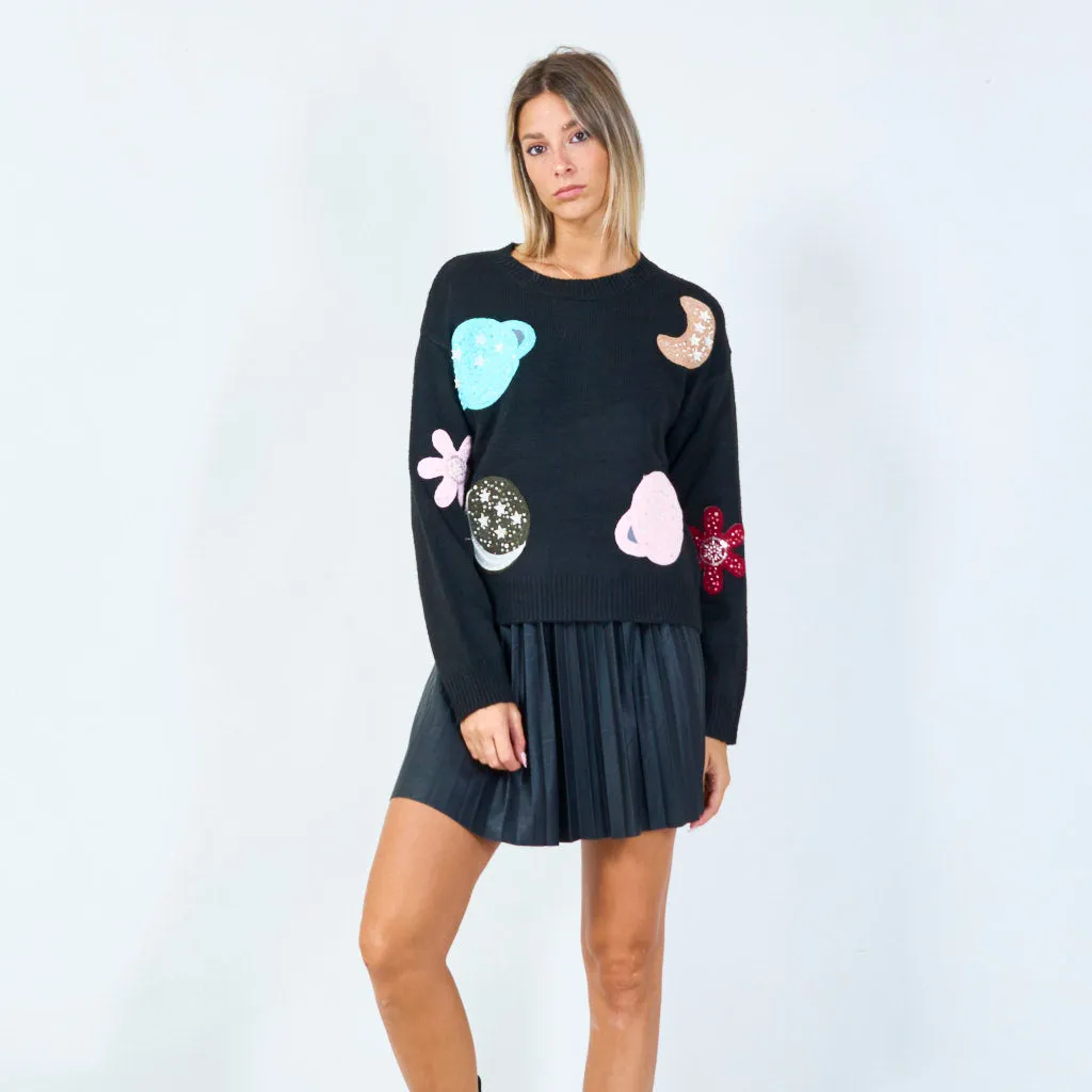 Planet and moon applique sweater wholesale