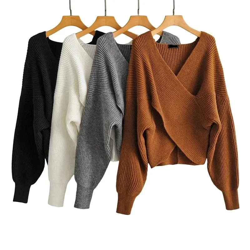 Pre Order:  Cross Wrap Knitted Cropped Sweater