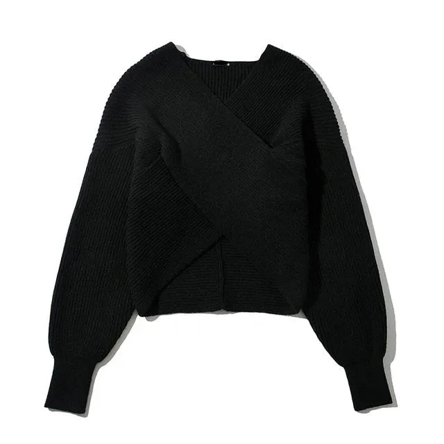 Pre Order:  Cross Wrap Knitted Cropped Sweater