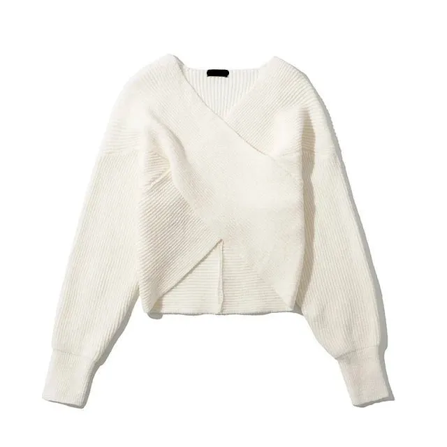 Pre Order:  Cross Wrap Knitted Cropped Sweater