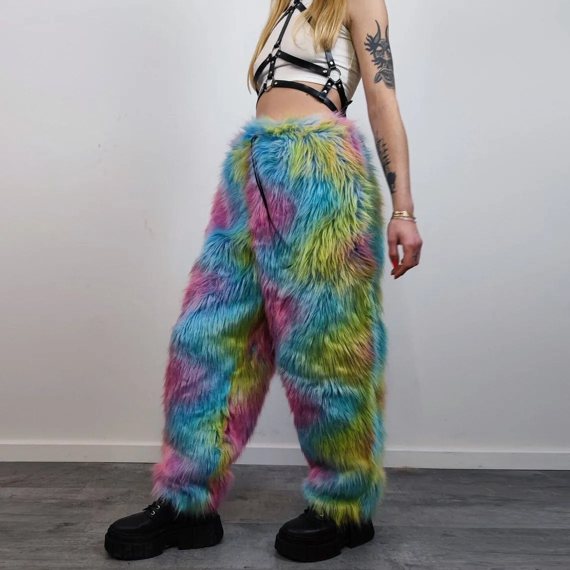 Rainbow faux fur joggers unicorn raver pants fluffy psychedelic trousers ski fleece tie-dye overalls festival bottoms burning man pants blue