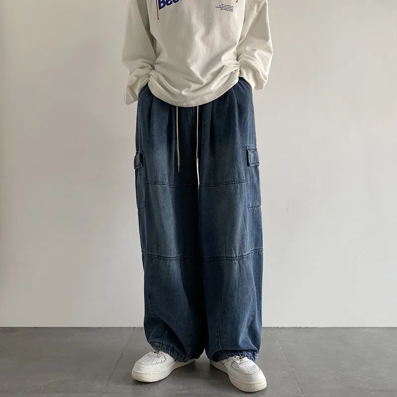 Riolio summer outfits men 2024 Washed Jeans Men's Spring and Autumn Retro Loose Wide-Leg Ruffle Handsome Straight High Street Overalls Pants